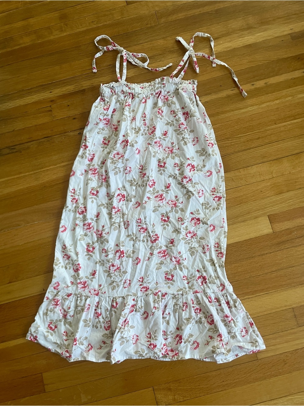 Vintage Floral Tie-Shoulder Midi Dress - White with Pink Roses